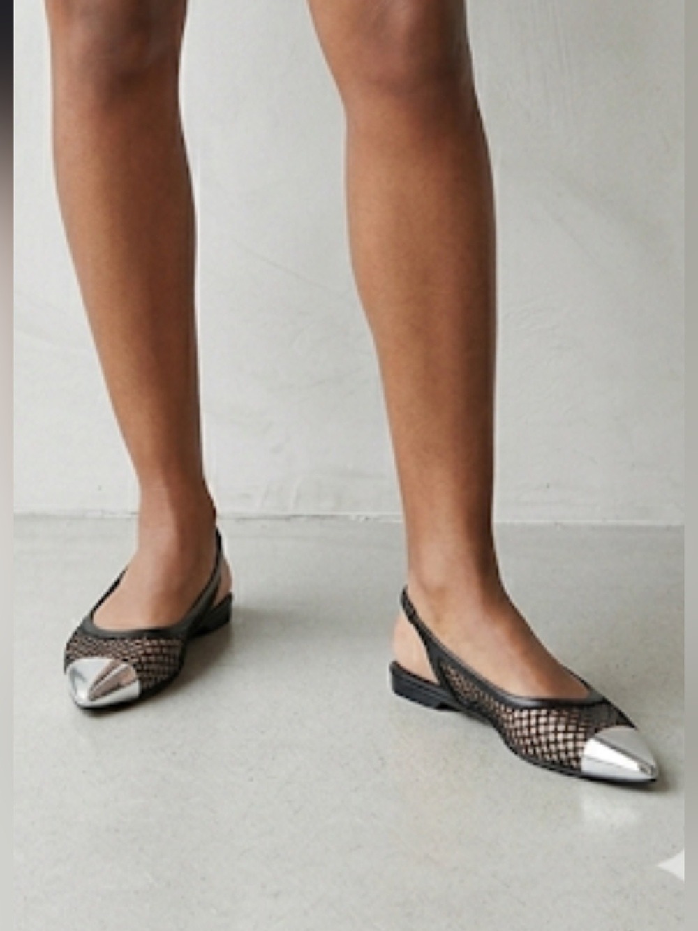 Jessica Rich x Steve Madden Black Mesh Slingback Flats 6 Silver Cap Toe